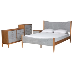 Baxton Studio Taylin Mid-Century Grey Corduroy and Oak Brown Wood Queen 4-Piece Bedroom Set